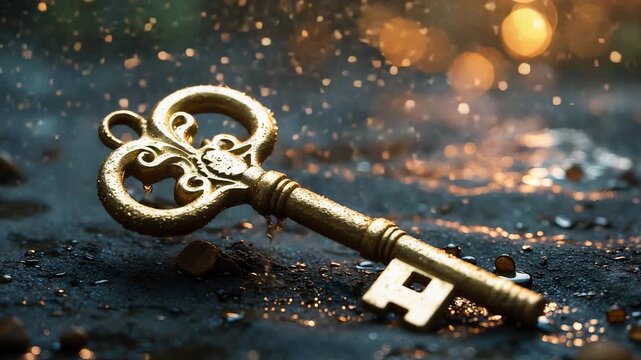 Vintage golden ornate key lying on wet stone surface with sparkling raindrops and glowing bokeh lights creating magical atmospheric detail