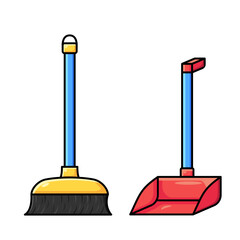Colorful cartoon vector illustration of a broom and dustpan cleaning tools. Perfect for household chores, sanitation, hygiene, cleanliness, janitor equipment, and domestic design projects.