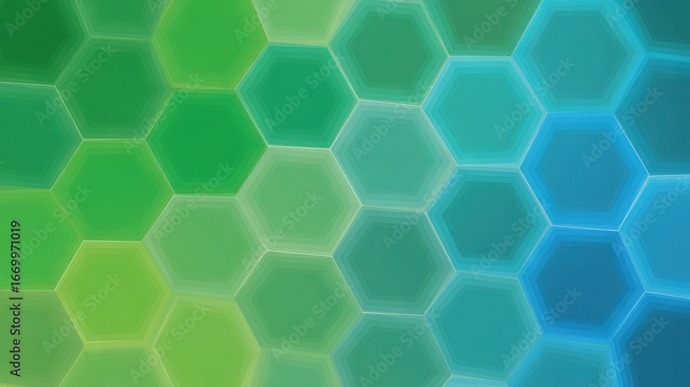 Poster abstract hexagonal pattern with a smooth gradient transition from green to blue