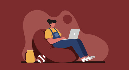 Relaxed person working on a laptop from a comfortable bean bag chair at home. Illustrates remote work, modern lifestyle, and digital nomad concept.