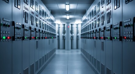 A long hallway lined with rows of gray metal control panels, filled with intricate electrical equipment and control knobs, creating a sense of precision and technology.