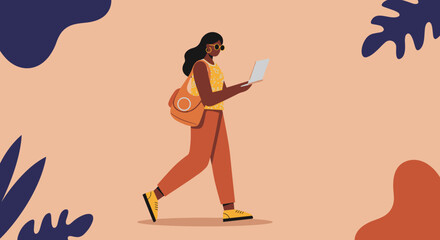 Woman walking and working on a laptop, embodying a modern, connected lifestyle and remote work flexibility. Ideal for business and technology themes.