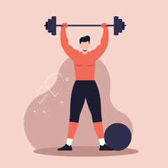 Obraz premium Motivated man performing a powerful overhead barbell lift. Represents strength, healthy lifestyle, and fitness dedication. Ideal for wellness and gym concepts.