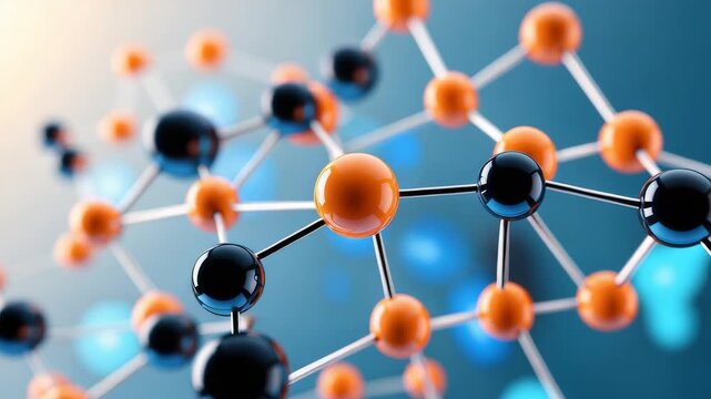Abstract 3D molecular structure with orange and black connected spheres on blue gradient background showing scientific chemistry concept