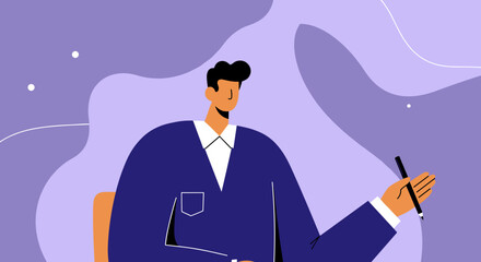 Professional man holding a pen against an abstract purple background, symbolizing business, creativity, and planning. Great for corporate, education, or modern lifestyle themes.