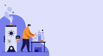 Man conducting a scientific experiment or managing an industrial process, working with lab equipment and machinery. Represents research, development, and innovation.