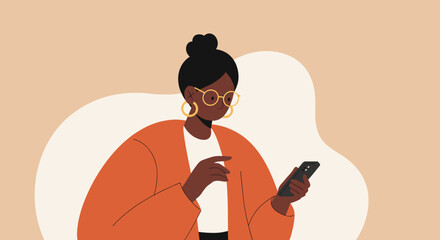 Stylish Black woman using a smartphone for communication, social media, or work. Represents modern digital lifestyle, connectivity, and technology.