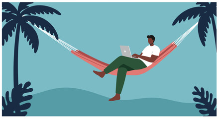 Fototapeta premium Man working on a laptop while relaxing in a hammock between palm trees, depicting remote work, tropical vacation, or digital nomad lifestyle.