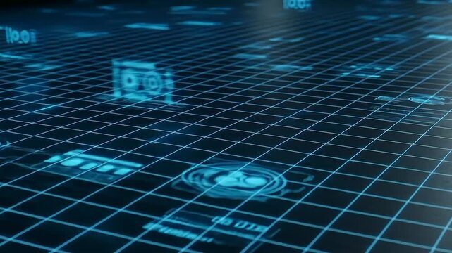 Blue Digital Grid Network Visual Data Flow, Technology, and Communication