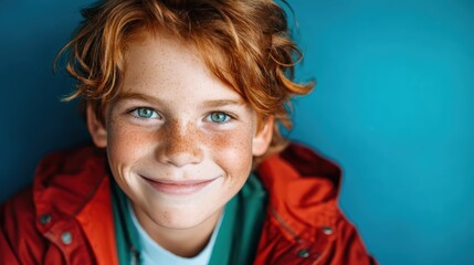 This charming portrait captures a smiling boy with freckles and striking blue eyes, set against a vibrant blue background that enhances his cheerful expression.