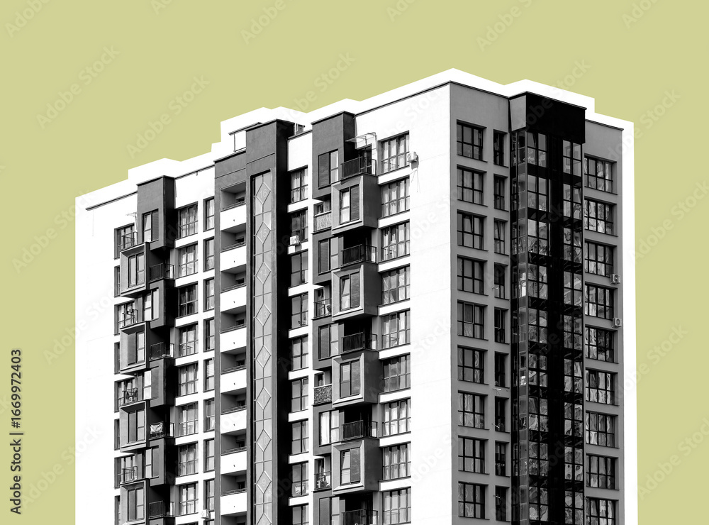 Poster minimalist view of a high-rise apartment building with repetitive window patterns. black and white