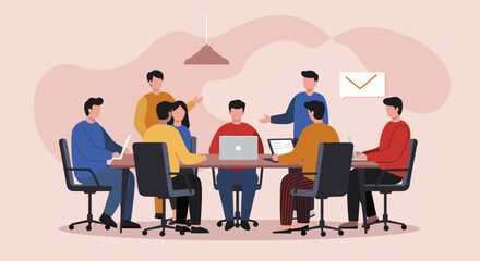 Professional team collaborating around a table in a modern office, engaged in a productive business meeting and brainstorming session.