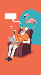 Elderly man in a comfortable armchair using a laptop and drinking, embodying modern retirement and digital connection with a vibrant, relaxing background.