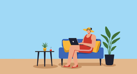 Relaxed person in summer attire uses a laptop on a sofa, embodying remote work and vacation connectivity. Ideal for digital nomad, freelance, and work-life balance themes.