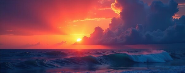 Fototapeta premium Fiery sunset paints clouds above restless sea, calm, image