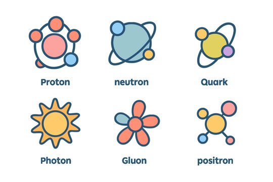 Colorful Atomic Particles. Flat vector mini-illustrations atomic particles in colors children's illustrations: proton, neutron,