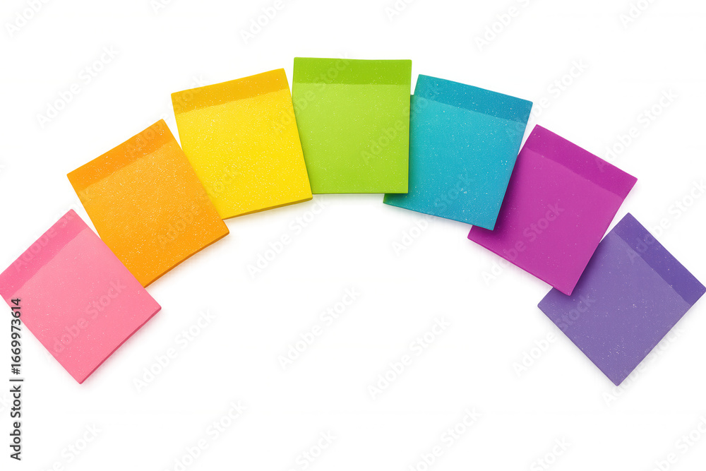 Aufkleber seven vibrant sticky notes creating a colorful arch against a transparent background, ready for your