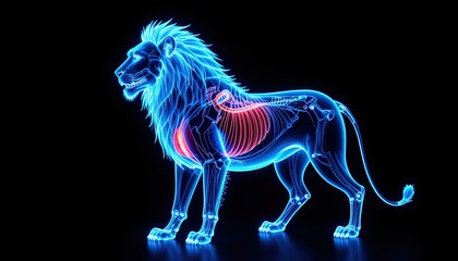 Fototapeta premium 3D anatomical illustration of a lion's skeletal and muscular system, highlighted in vibrant blue and pink hues, set against a dark background.