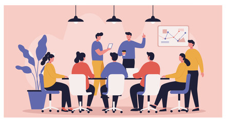 Diverse business team collaborating and brainstorming ideas in a modern office meeting. Illustrates teamwork, strategy, and corporate success.