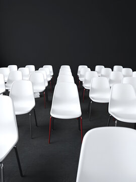 one red chair stand out of other white chairs  in the dark room concrete space , 3d rendering