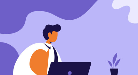 Professional working diligently on a laptop in a modern, minimalist workspace with an abstract purple background. Ideal for business, remote work, technology, or productivity concepts.