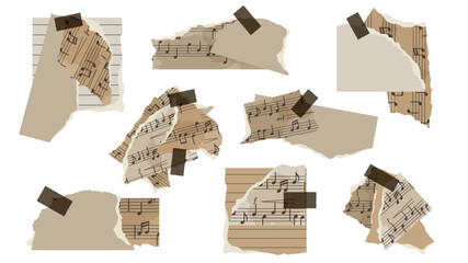 Collection of vintage torn sheet music paper scraps with musical notes, taped fragments, retro aesthetic, ideal for collage, scrapbook, design backgrounds, and creative compositions. 