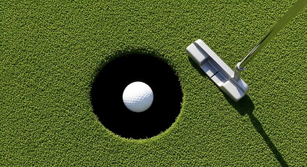 A golf ball sits in the cup, perfectly positioned above a putting green, ready for a successful putt.