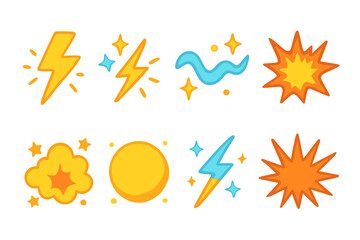 Colorful Energy Icons. Flat vector mini-illustrations energy burst in colors children's illustrations: lightning bolt, electric