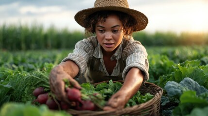 A woman harvests fresh vegetables in a sunlit garden, with a basket full of produce. The vibrant colors highlight the connection with nature through farming and sustainability.