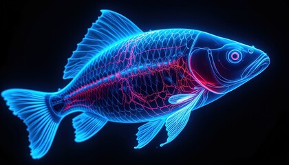 Fototapeta premium A glowing, detailed anatomical illustration of a fish, highlighted with vibrant pink and blue hues.