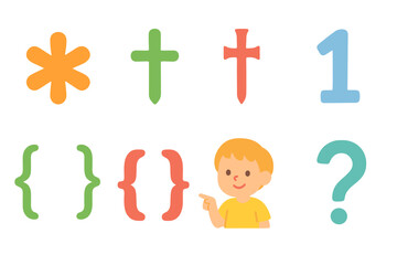 Colorful Kids' Icons. Flat vector mini-illustrations footnote symbols in colors children's illustrations: asterisk, dagger, double