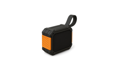 Compact black rectangular electronic device with orange accent and carry loop detailed studio shot isolated on dark surface transparent background