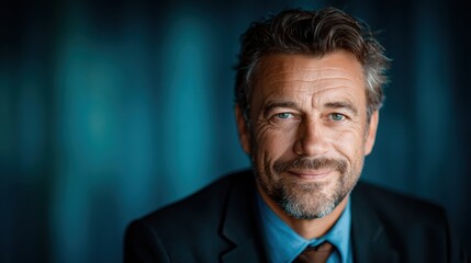 This portrait captures a confident man with salt and pepper hair, sporting a relaxed smile against a vibrant blue background, symbolizing warmth and approachability.