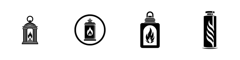 Stylized flame icons and antique lantern silhouette, minimalist monochrome icons