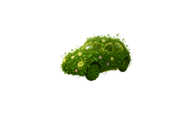 Futuristic 3d eco-friendly electric car with green energy accents amidst lush nature transparent background