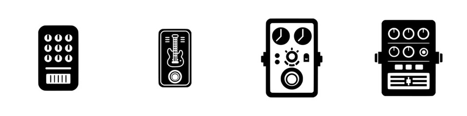 Guitar effect pedals and audio equipment icons, minimalist monochrome icons