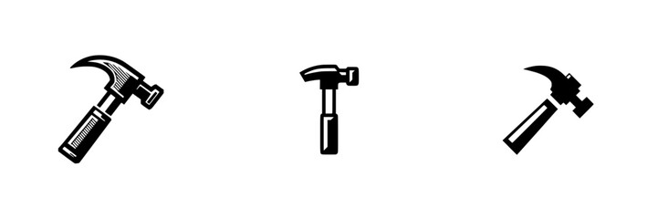 Stylized hammers with claw and ball-peen heads, isolated on white, minimalist monochrome icons