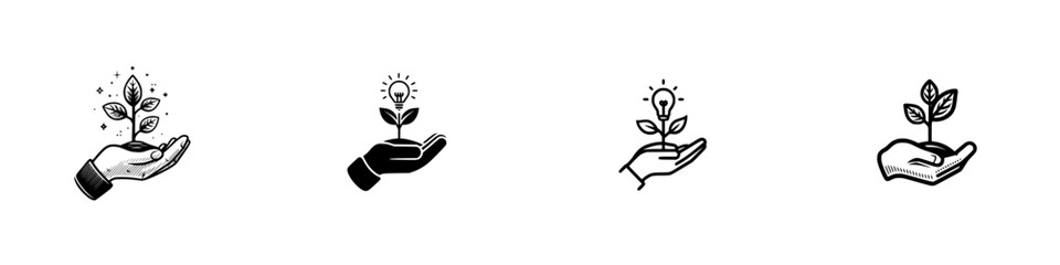 Hand nurturing plant with lightbulb symbolizing ideas and innovation, minimalist monochrome icons © Andrei