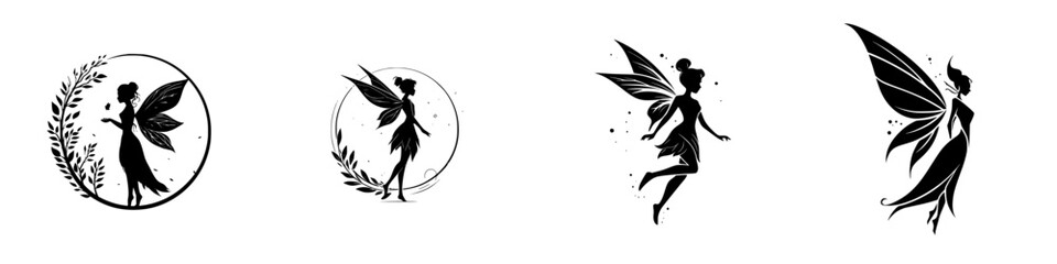 Elegant fairy silhouettes with delicate wings and floral elements in black and white, minimalist monochrome icons © Andrei