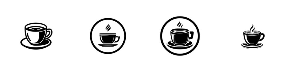 Stylized coffee cup icons with steam rising, minimalist monochrome icons