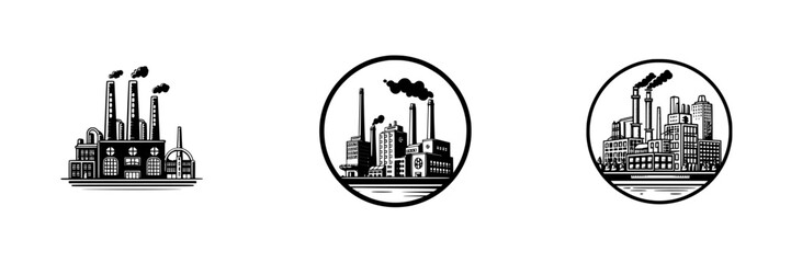 Industrial factory buildings with smokestacks emitting smoke, minimalist monochrome icons