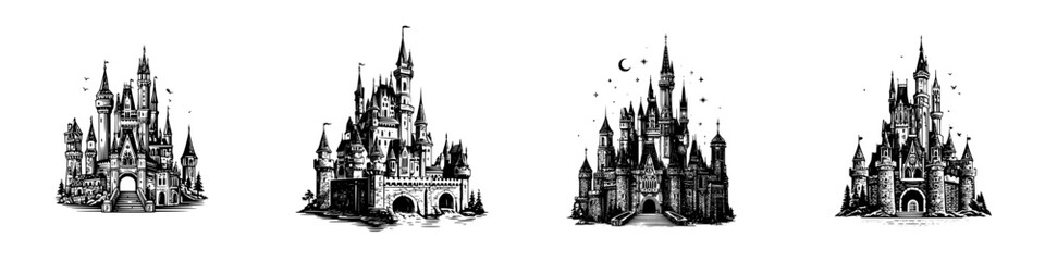 Obraz premium Fairytale Castle Silhouette with Towers and Arches, minimalist monochrome icons