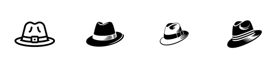 Various fedora hats in different styles and perspectives, minimalist monochrome icons