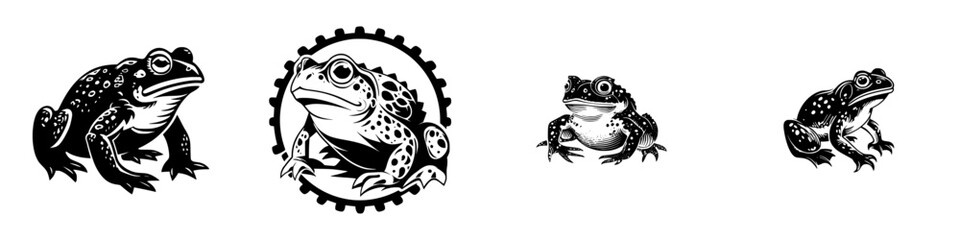 Four stylized black frogs with detailed skin texture and large eyes, presented in a graphic art style, minimalist monochrome icons