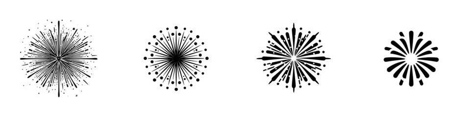 Obraz premium Abstract radial patterns and starbursts in black and white, minimalist monochrome icons