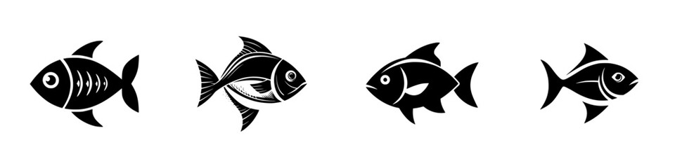Stylized black fish silhouettes on white background, minimalist monochrome icons