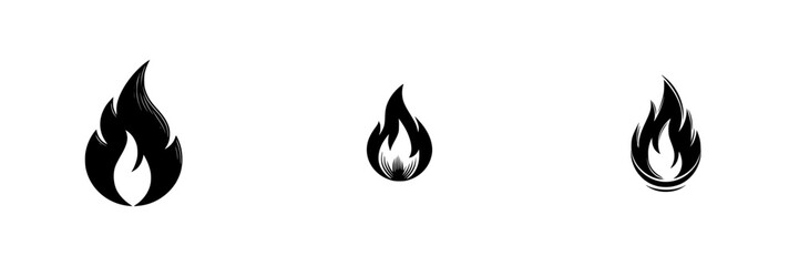 Stylized flame icons in black and white, fire and heat symbols, minimalist monochrome icons