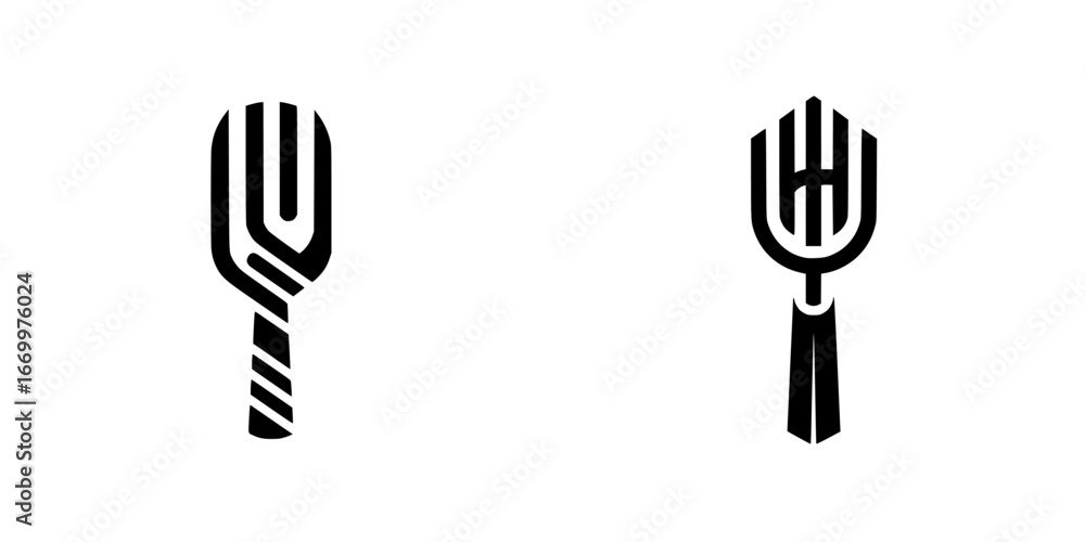 Poster fork and spatula icons with abstract design elements, minimalist monochrome icons