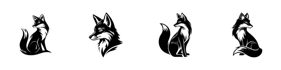 Stylized Black Fox Silhouettes in Various Poses, minimalist monochrome icons