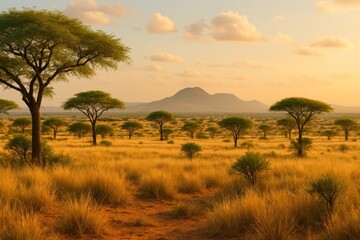 Obraz premium Serene savanna landscape at sunset.